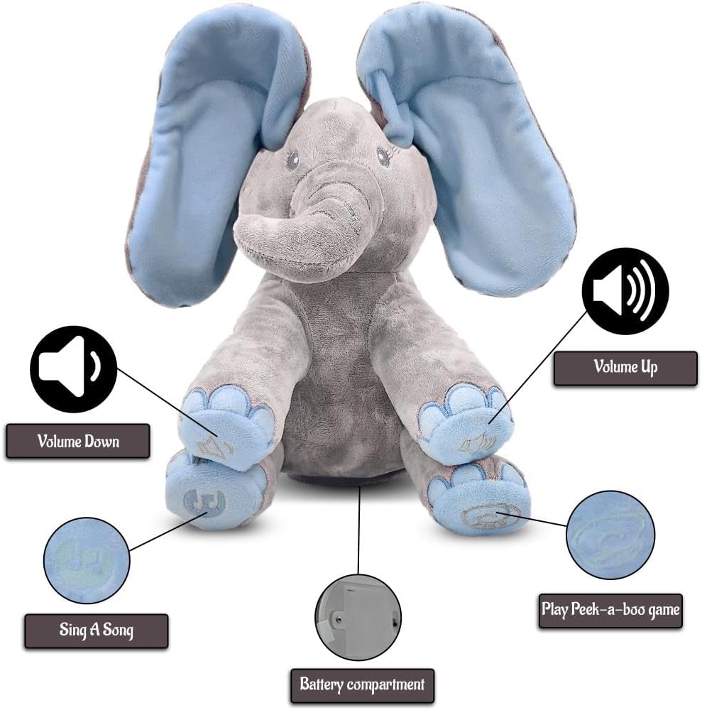 Peek-a-boo elephant toy, interactive singing plush elephant.