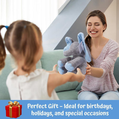 Peek-a-boo elephant toy, interactive singing plush elephant.