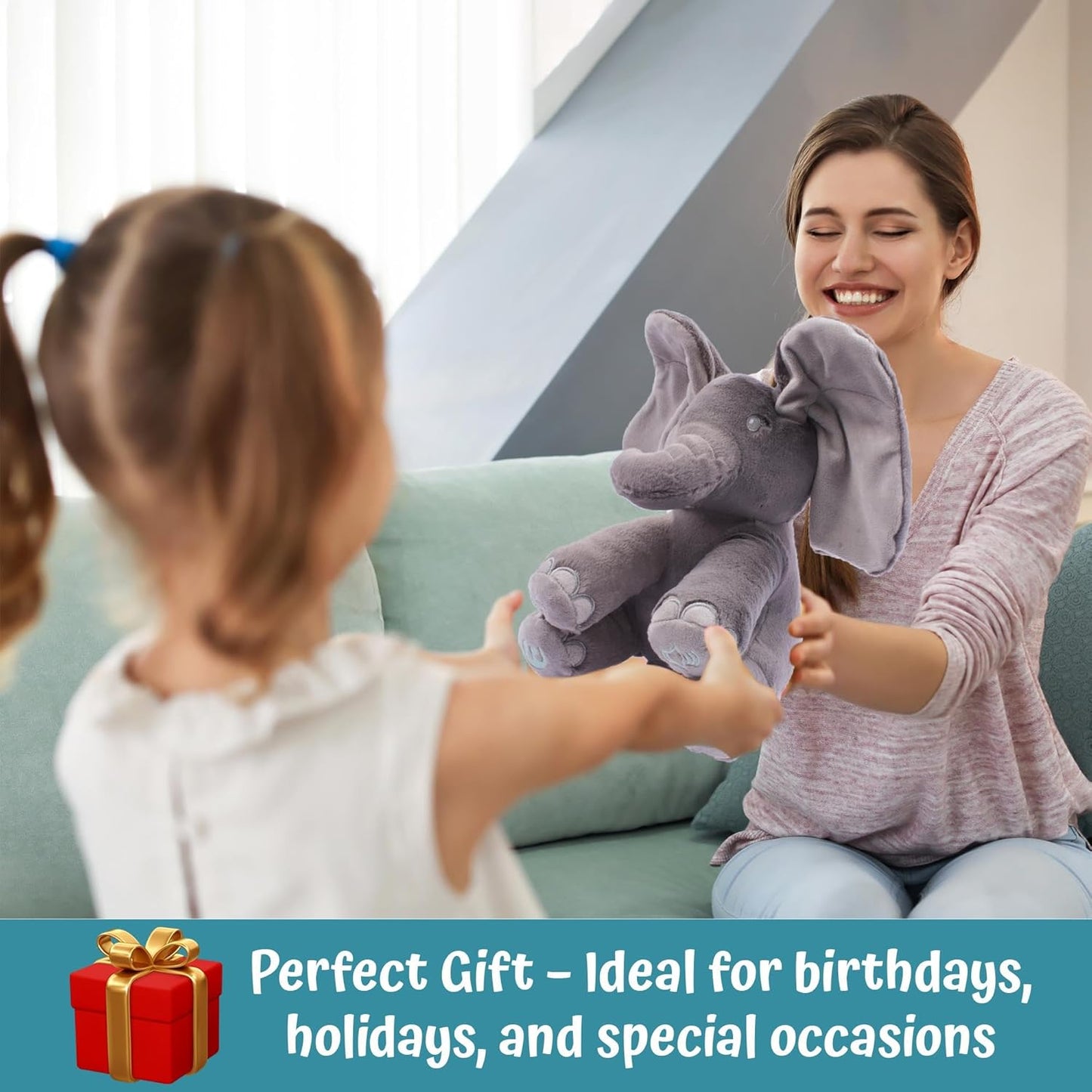 Peek-a-boo elephant toy, interactive singing plush elephant.