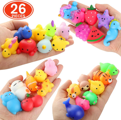 Soft and squishy fidget toys, 26-piece mini stress relief toy set.