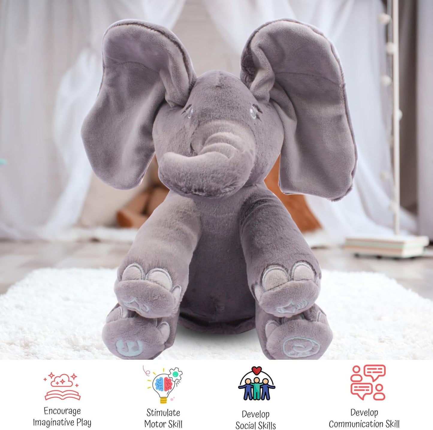 Peek-a-boo elephant toy, interactive singing plush elephant.