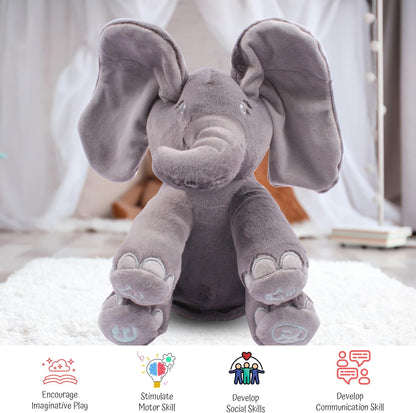 Peek-a-boo elephant toy, interactive singing plush elephant.