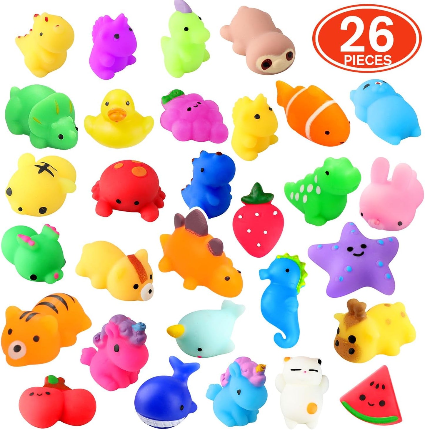 Soft and squishy fidget toys, 26-piece mini stress relief toy set.