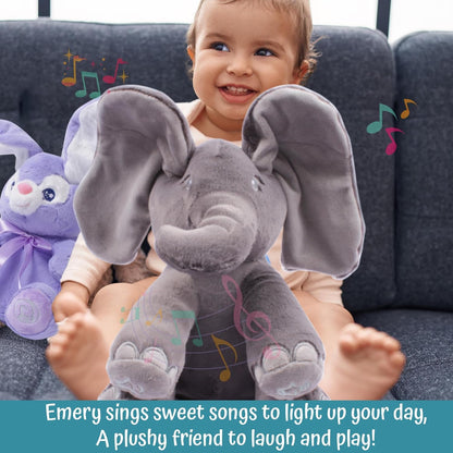 Peek-a-boo elephant toy, interactive singing plush elephant.