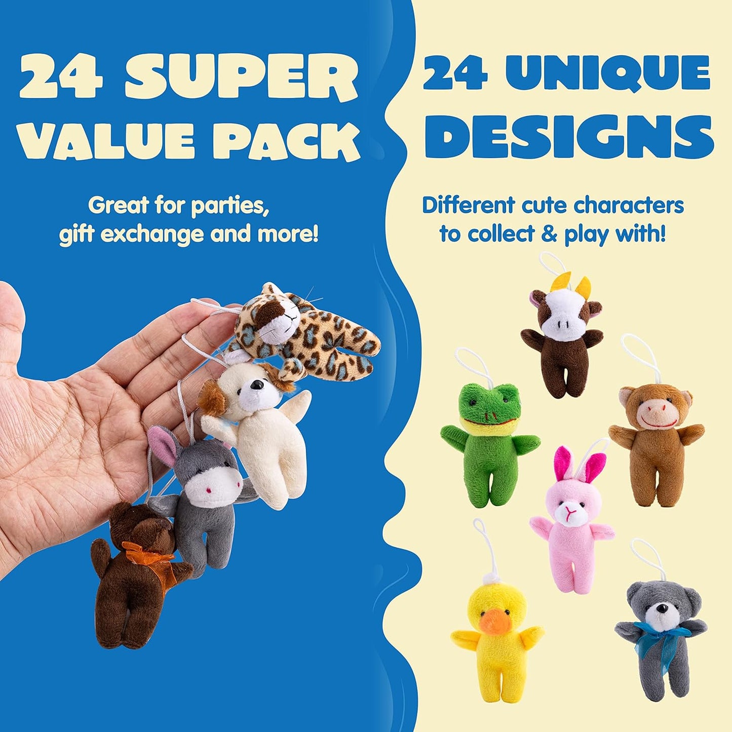 Set of 24 mini animal plush toys (3 of each design, 24 total)