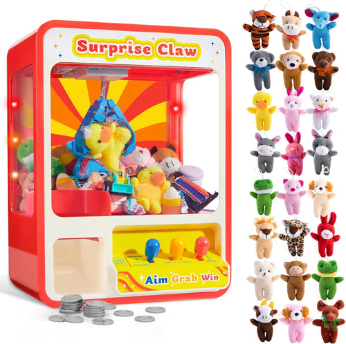 Claw machine containing 24 mini animal plush toys.