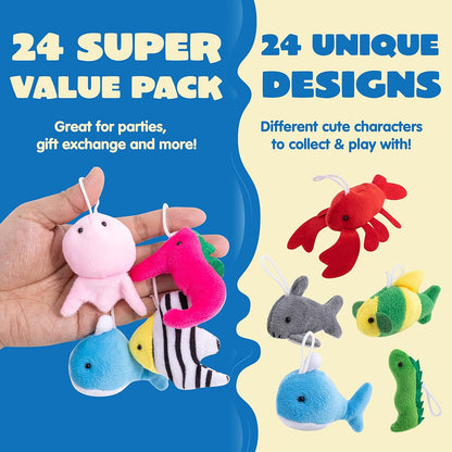Set of 24 mini animal plush toys (3 of each design, 24 total)