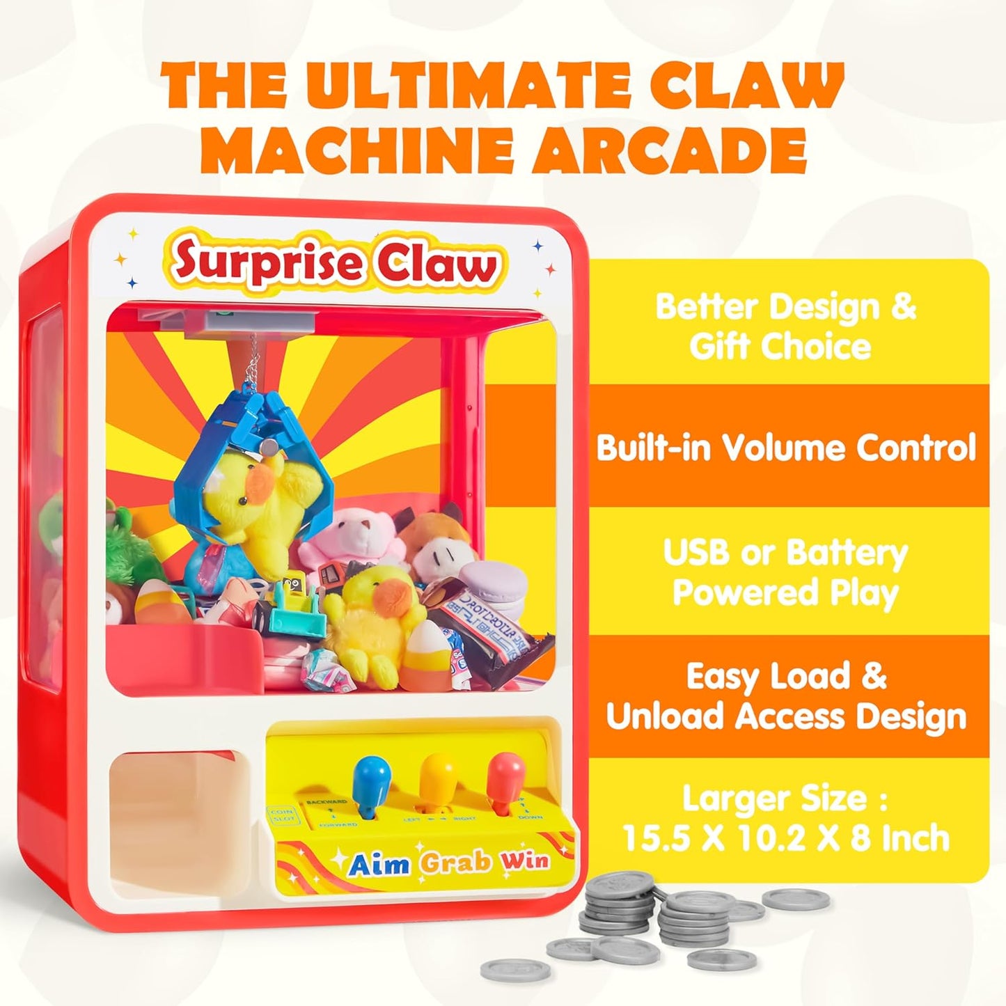 Claw machine containing 20 alloy pull-back toy cars.