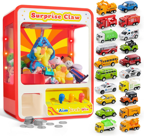 Claw machine containing 20 alloy pull-back toy cars.